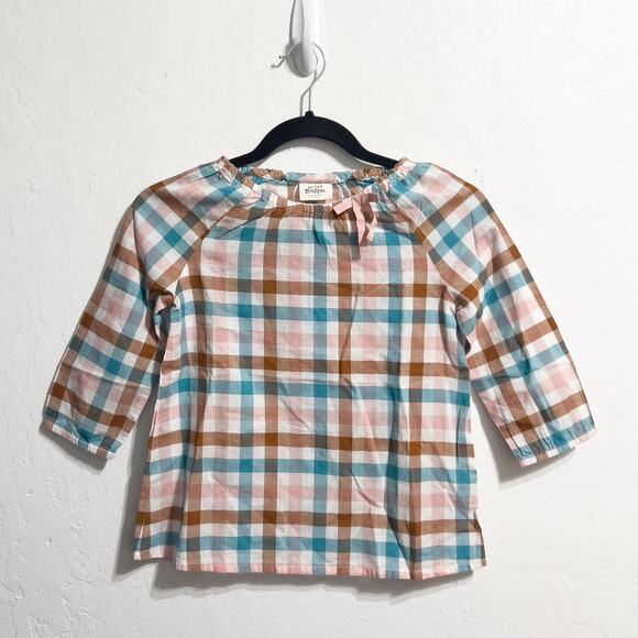 Mini Boden Plaid Bow Tunic Top Girl 7-8y Blue Brown Preppy 3/4 Sleeves - Picture 1 of 5